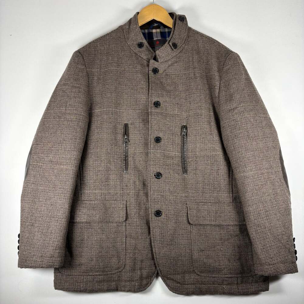 Egara Jacket Brown Wool Houndstooth Plaid Lined Elbow Patch Field Coat Mens XL